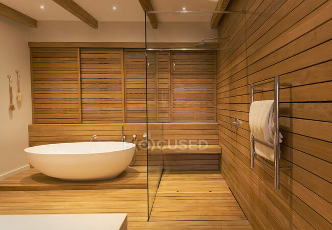 Banheira de imersão e chuveiro cercado por paredes de madeira no moderno, casa de luxo vitrine banheiro interior — Fotografia de Stock