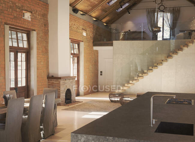 Home showcase interior living space with brick wall and loft — Stock Photo