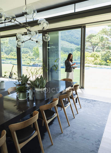 Empresária trabalhando em casa, usando telefone inteligente na sala de jantar moderna — Fotografia de Stock