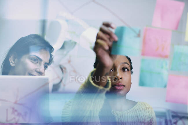 Geschäftsfrauen mit Klebezetteln planen im Büro — Stockfoto