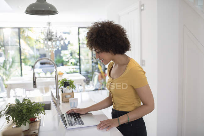 Jovem empresária do sexo feminino trabalhando no laptop na cozinha — Fotografia de Stock