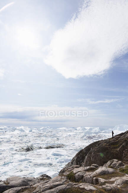Person on cliff overlooking sunny melting glacial ice Greenland — Stock Photo