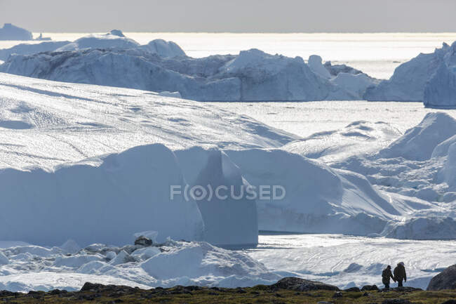 Люди, идущие вдоль солнечного тающего ледника Гренландия — стоковое фото