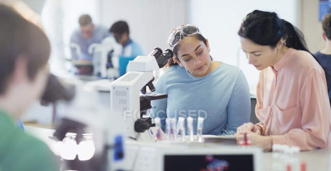 Жіночий вчитель і студентка проводять науковий експеримент у мікроскопі в лабораторії. — стокове фото