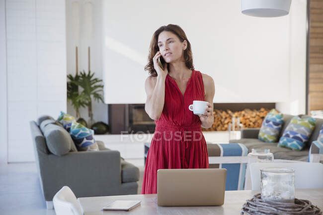 Morena mujer de negocios bebiendo café, trabajando en el portátil en el comedor - foto de stock