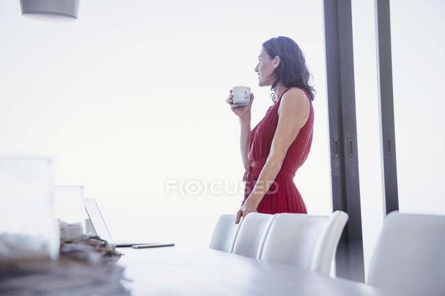 Pensiva donna bruna che beve caffè e guarda fuori dalla finestra in sala da pranzo — Foto stock