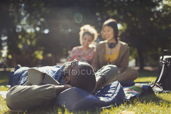 Jovens amigos relaxando no ensolarado parque de verão — Fotografia de Stock