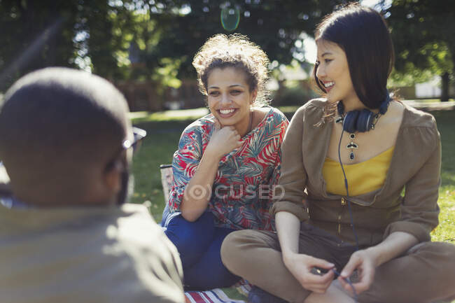 Усміхнені молоді друзі розмовляють, зависають у сонячному літньому парку — стокове фото