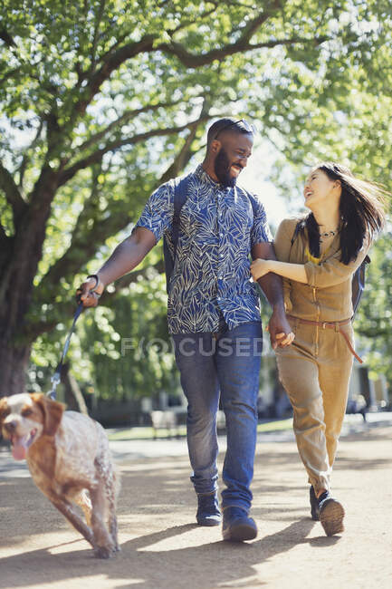 Sorridente, felice giovane coppia cane da passeggio nel parco soleggiato — Foto stock
