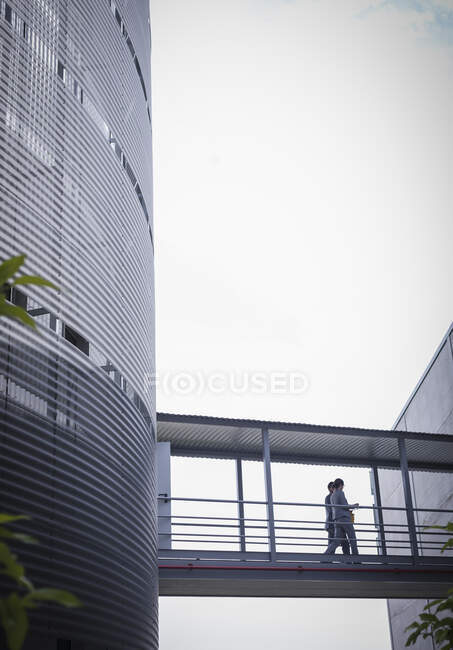 Uomini d'affari che camminano su una passerella sopraelevata tra edifici — Foto stock