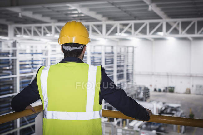 Männlicher Vorgesetzter auf Plattform in Fabrik — Stockfoto
