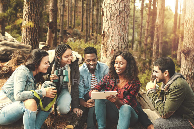 Young friends using digital tablet in woods — Stock Photo
