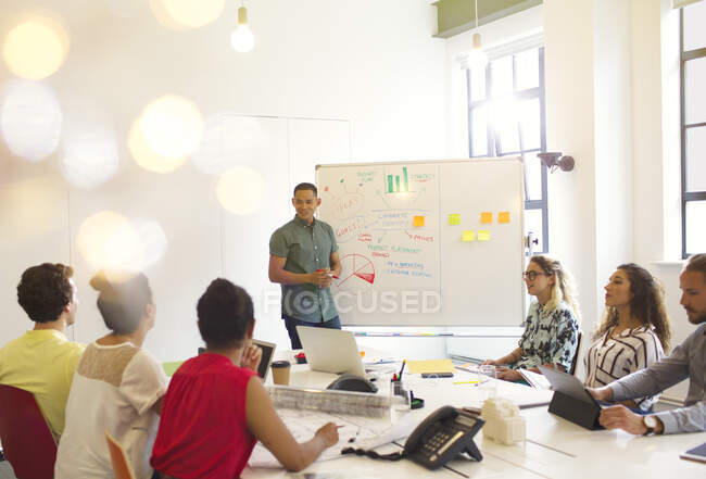 Businessman at whiteboard leading conference room meeting — Stock Photo