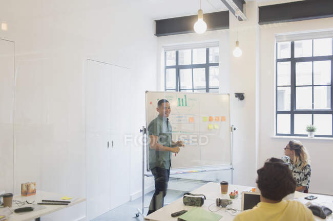 Male designer at whiteboard leading conference room meeting — Stock Photo