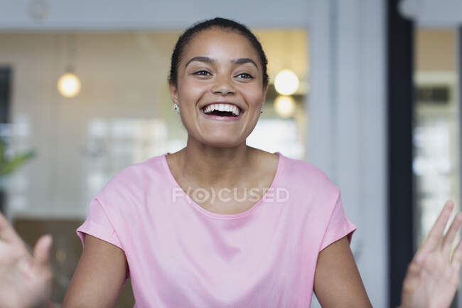 Portrait smiling, enthusiastic businesswoman gesturing — Stock Photo