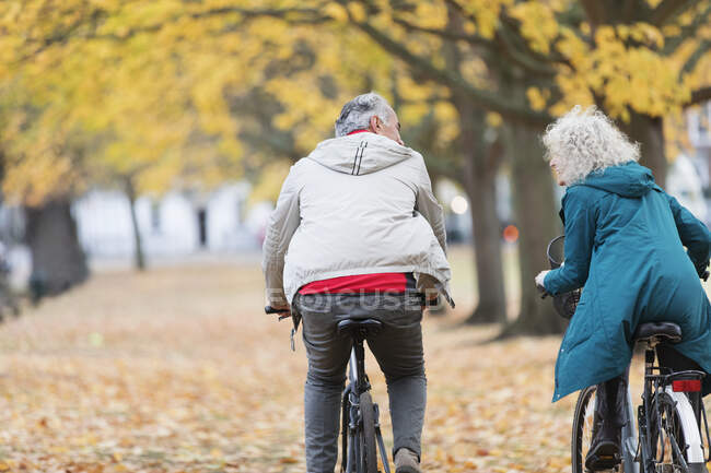 Seniorenpaar radelt im Herbstpark zwischen Bäumen und Laub — Stockfoto