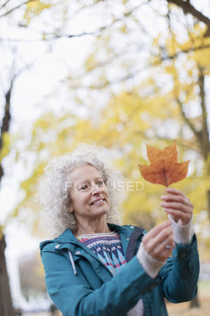 Mulher sênior curioso segurando folha de outono laranja no parque — Fotografia de Stock