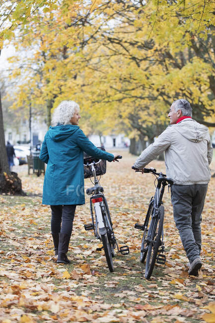 Старшая пара пеших велосипедов среди деревьев и листьев в осеннем парке — стоковое фото