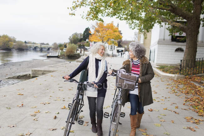 Sorridente donne anziane attive a piedi biciclette nel parco autunnale — Foto stock