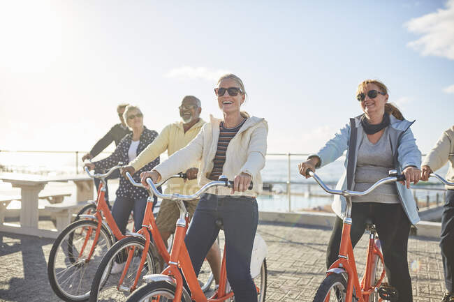 Amis touristiques seniors actifs vélo équitation — Photo de stock