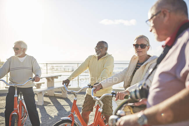 Activo amigo mayor turistas bicicleta montar en el paseo marítimo soleado - foto de stock