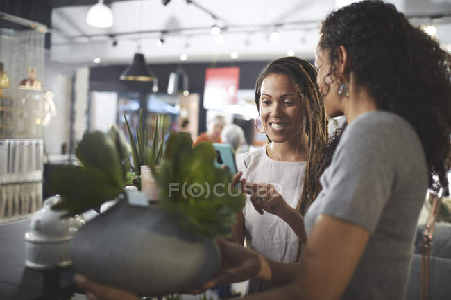 Mulheres fazendo compras, segurando planta suculenta na loja de decoração de casa — Fotografia de Stock