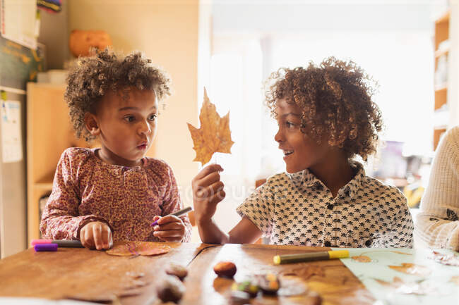 Frère et sœur faisant de l'artisanat d'automne à table — Photo de stock