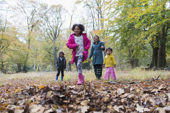 Família feliz correndo e brincando em florestas de outono — Fotografia de Stock