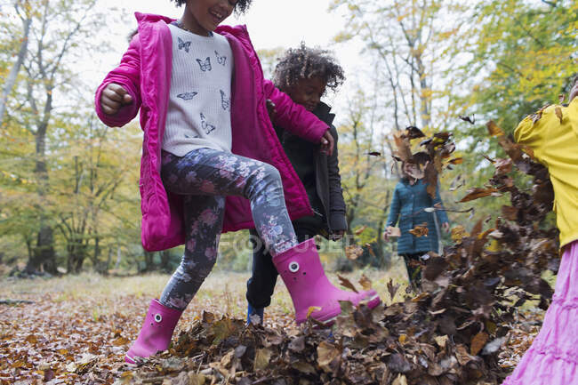 Niños juguetones pateando en hojas de otoño - foto de stock