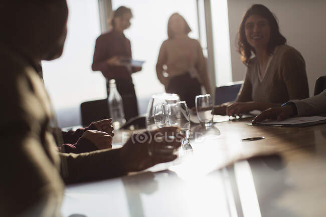 Les gens d'affaires parlent dans une salle de conférence ensoleillée — Photo de stock