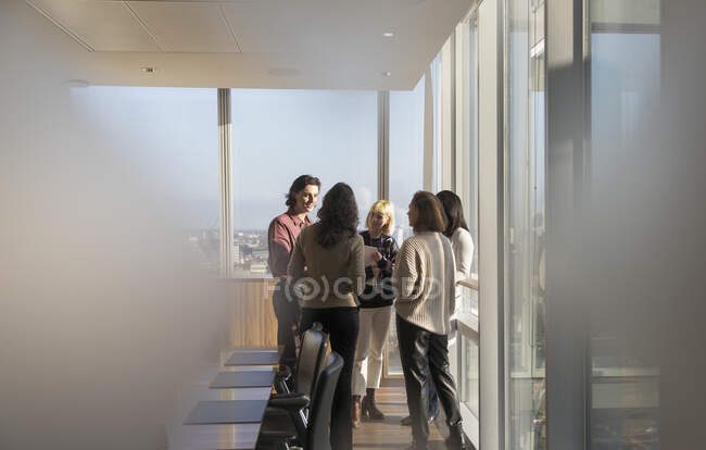 Uomini d'affari che parlano alla soleggiata finestra dell'ufficio — Foto stock