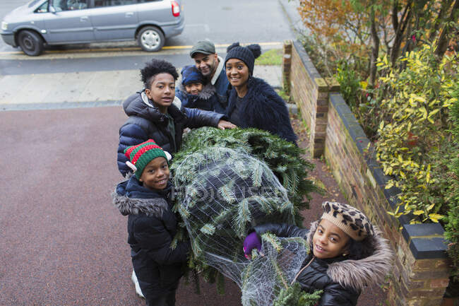 Familie trägt Weihnachtsbaum in Einfahrt — Stockfoto