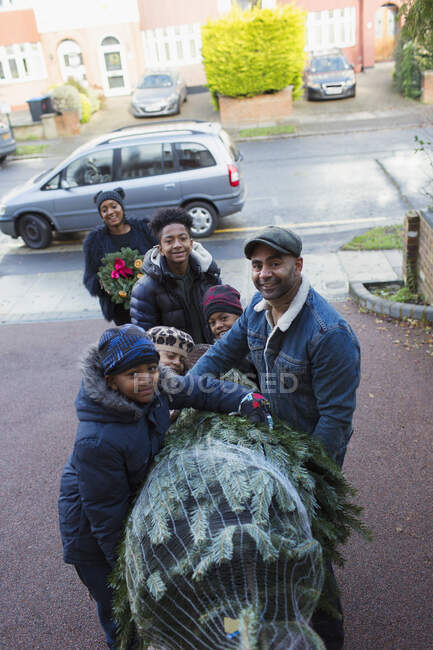 Portrait happy family carrying Christmas tree in driveway — Stock Photo