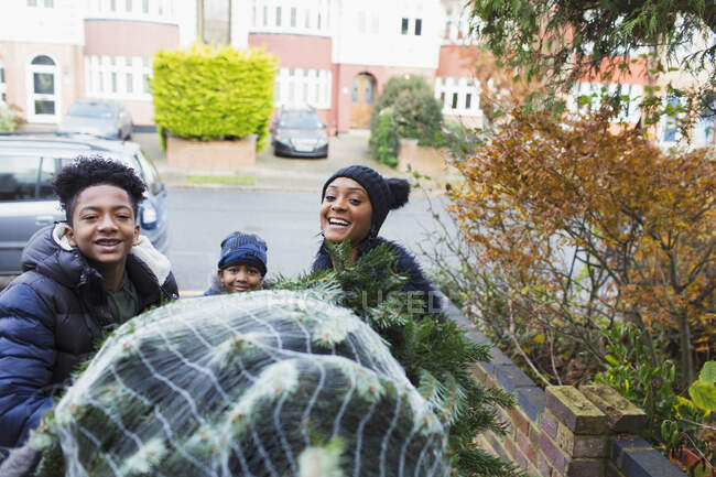 Retrato familia feliz llevando árbol de Navidad en la entrada - foto de stock
