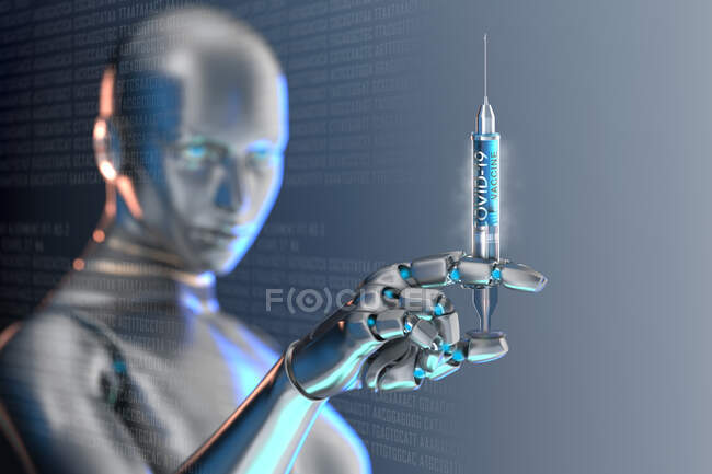 Robot que contiene la jeringa de vacunación COVID-19 - foto de stock