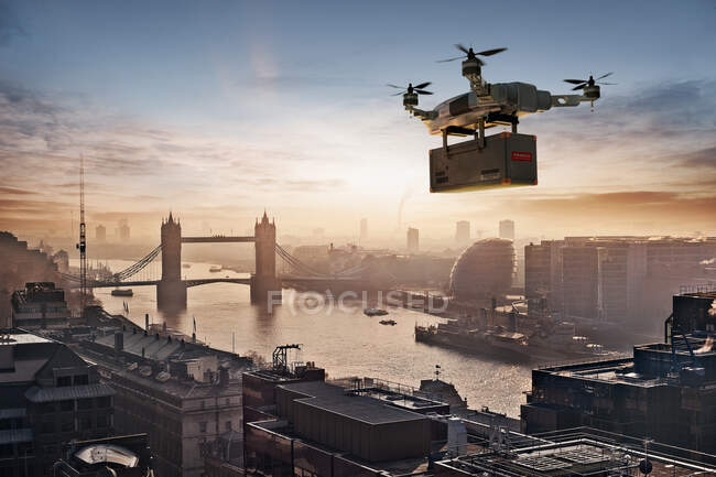 Drone delivery package over London, UK — Stock Photo