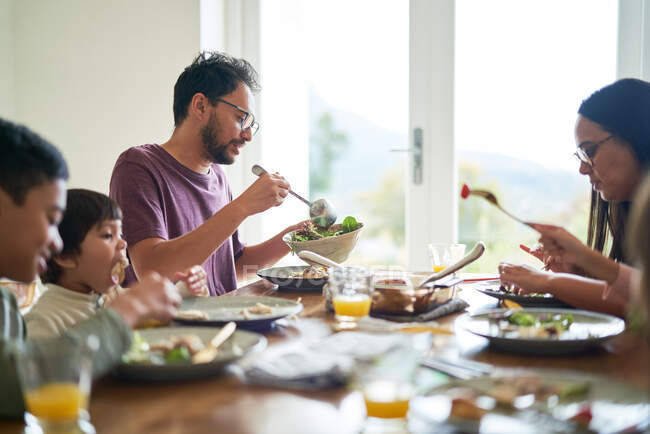 Família almoçando na mesa de jantar — Fotografia de Stock