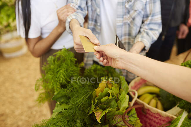 Cliente pagando por verduras con tarjeta de crédito en el mercado de agricultores - foto de stock