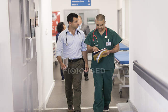 Médico y cirujano masculino con historia clínica, haciendo rondas en el pasillo del hospital - foto de stock