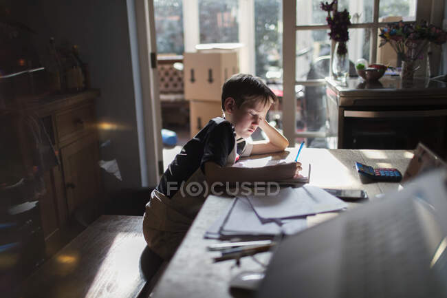 Rapaz a fazer trabalhos de casa à mesa de jantar — Fotografia de Stock