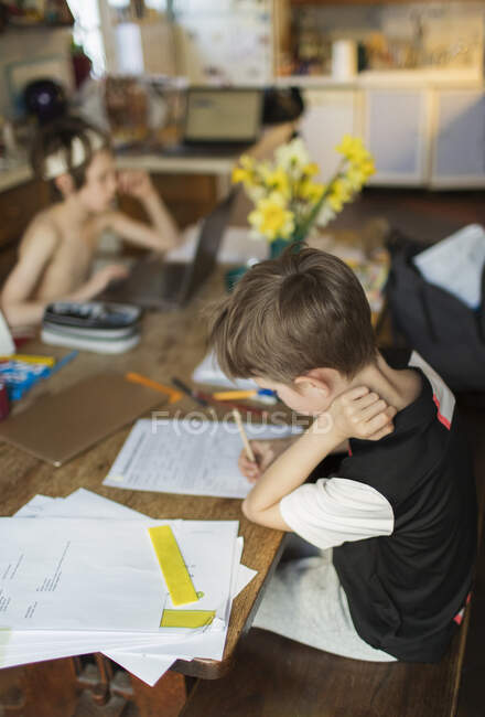 Brothers homeschooling at dining table — Stock Photo