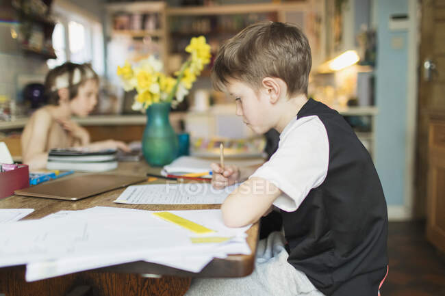 Концентрированный мальчик на домашнем обучении за обеденным столом — стоковое фото