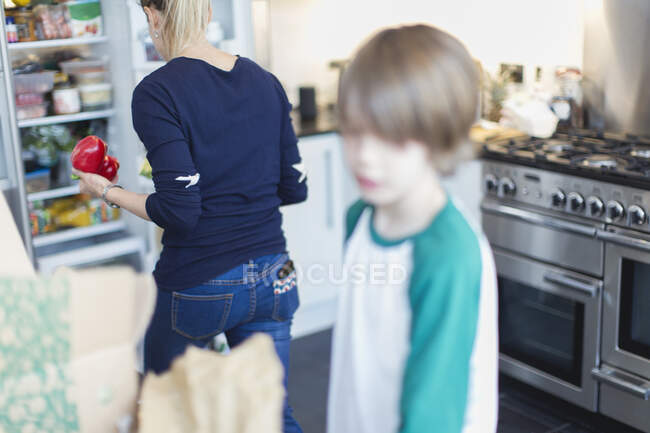 Madre e hijo descargando alimentos en la cocina - foto de stock