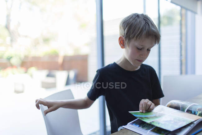 Хлопчик дивиться на фотоальбом — стокове фото