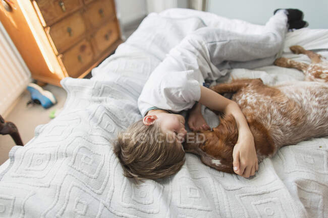 Любящий мальчик обнимает собаку в постели — стоковое фото
