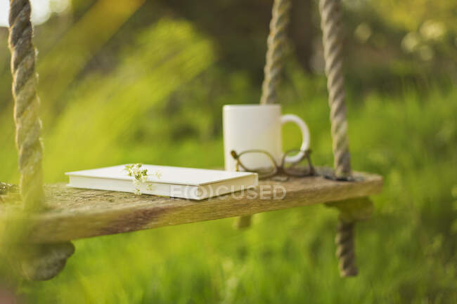 Book, coffee cup and eyeglasses on rustic swing — Stock Photo