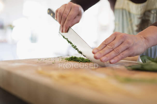 Cerca de la mujer de corte de hierbas frescas con cuchillo en la tabla de cortar - foto de stock