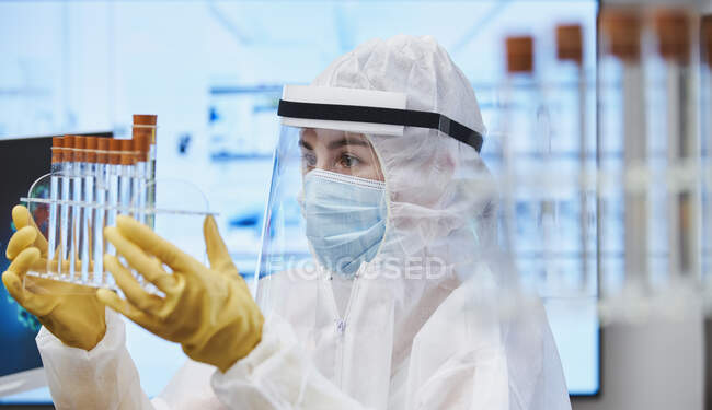 Científica en traje limpio con tubos de ensayo que estudia el coronavirus - foto de stock