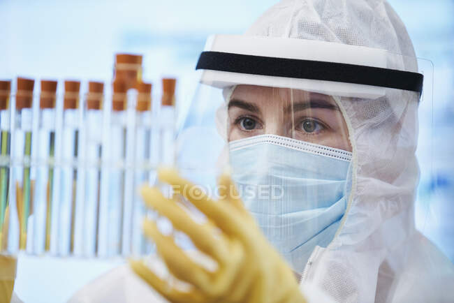 Wissenschaftlerin im sauberen Anzug untersucht Reagenzgläser — Stockfoto