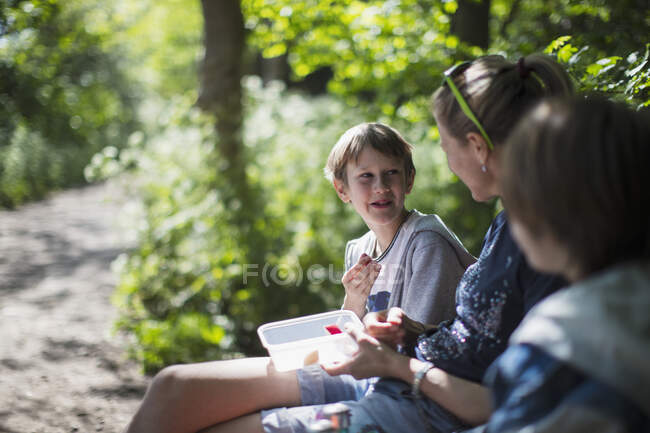Mother and sons enjoying snack in sunny park — Stock Photo